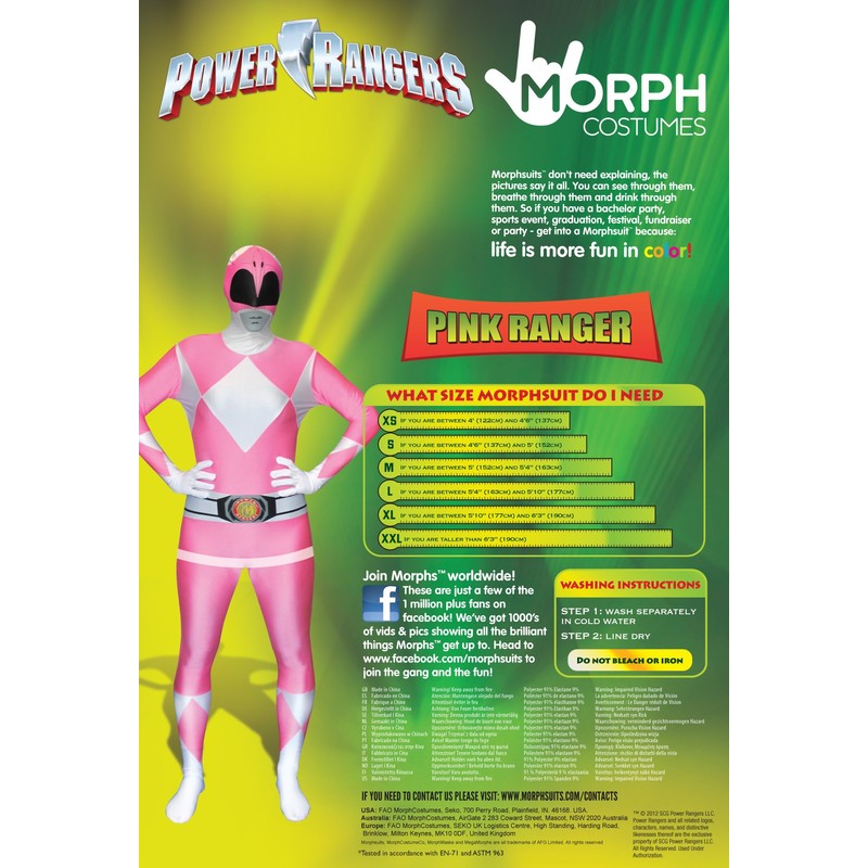 Morphsuits Men's Power Rangers Adult Sized Costume, Pink, XL UK