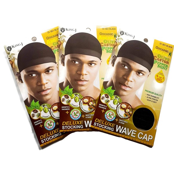 Healthy Treated Wave Deluxe Stocking Wave Cap Black (3 Pack)