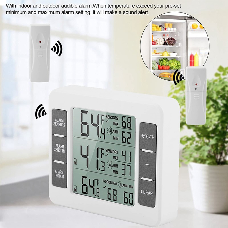 Refrigerator Thermometer, Wireless Digital Freezer Thermometer with 2 Sensors &