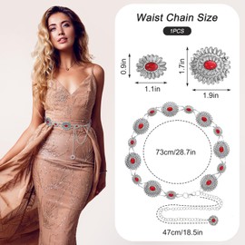 Prasacco Western Belt Metal Oval Concho Chain Belt Red Western Belts for Women Cowgirl Chain Turquoise Belts for Dresses Jeans Skirts Country Concert Outfit