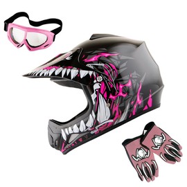 WOW WOW Youth Kids Motocross BMX MX ATV Dirt Bike Helmet Dragon Pink + Goggles + MG Youth Pink Glove Bundle