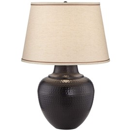 Barnes and Ivy Brighton Rustic Farmhouse Table Lamp 27 1/4" Tall with USB Dimmer Bronze Hammered Pot Beige Fabric Drum Shade for Bedroom Living Room House Home Bedside Nightstand Office Family