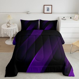 Homewish Geometry Stripes Full Size Comforter Set,Purple and Black Bedding Set for Adults Teens,Children Modern Art Comforter Luxury Lines Art Quilt Set Room Decor 3Pcs