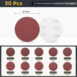 HARFINGTON 30 Pcs 6 Inch Sanding Disc 40/60/80/100/120/150/180/240/320/400 Grit Hook and Loop Sandpaper Random Orbital Sander Pads for Woodworking Automotive Metal Polishing