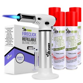 Jo Chef FireClick Creme Brulee Torch – 2,370°F Food Torch with Safety Switch, One-Hand Use, Refillable Adjustable Flame Lighter with Safety Lock for BBQ, Baking, Brulee Creme – 4 Butane Cans Included