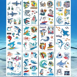 Ooopsiun Shark Temporary Tattoos for Boys - 12 Sheets Ocean Shark Birthday Party Decorations Supplies Favors for Boys Kids