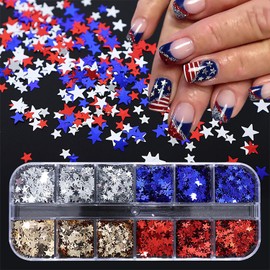 12 Grids Star Nail Art Glitter 3D Holographic Nail Glitter Sequins Independence Day Nail Supplies Metallic Nail Sequins Red Blue Mixed Star Nail Glitter for Women Nail Charms Manicure Decorations