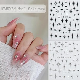 Shiny Crystal Heart Sun Moon Star Nail Stickers for Nail Art,6 Sheets Silver Gold Black Heart Sun Moon Stars Nail Decals 3D Self-Adhesive Nail Designs Sticker for Acrylic Natural Nail Decoration DIY