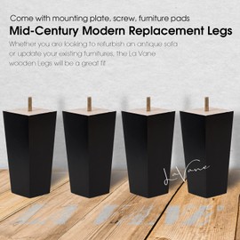 La Vane 4 inch Wooden Furniture Legs, Set of 4 Solid Wood Square Walnut Mid-Century Modern M8 Replacement Bun Feet with Pre-Drilled 5/16 Inch Bolt & Mounting Plate & Screws for Couch Sofa Armchair