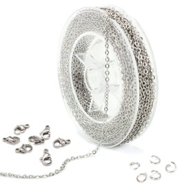 33Feet 1.5MM Stainless Steel Cable Chain Roll with 20 Lobster Clasps and 50 Open Jump Rings Supplies for Jewelry Making