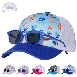 LUKIUP 2 Pieces Baseball Cap Sunglasses Set for Boys Girls Adjustable Cap Kids Baseball Cap for Children Boys Girls Gifts Cartoon Pattern, Blue Seahorse