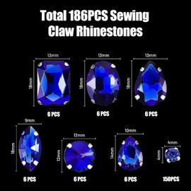 GUOYOU 186 Pieces AB Sewing Gems Six Styles of Craft Rhinestones Metal Claw-Set Sewing Rhinestones Suitable Jewels for Crafting DIY Clothes Jewelry Handicrafts Clothing Shoes and Hats (Sky Blue)