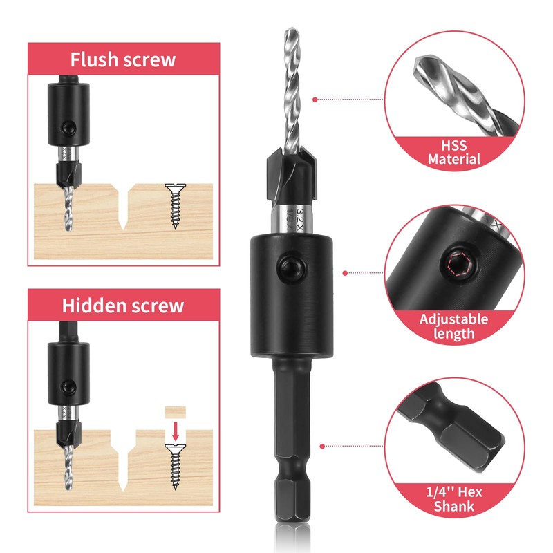Countersink Drill Bit Set, 5 pcs Carbide Drill Bits with