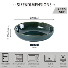 UNICASA Ceramic Pasta and Salad Bowls Set of 4, 26 oz Reactive Glaze Dish Bowls, Microwave and Dishwasher Safe, Olive