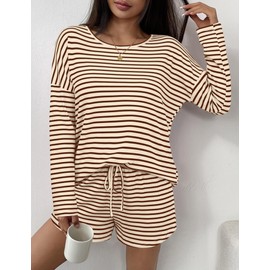 Ekouaer Waffle Knit Pajamas Sets Waffle Long Sleeve Shorts Lounge Set Striped Matching Pj Set for Women Brown/White M