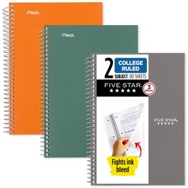 Five Star Spiral Notebooks, 3 Pack, 2 Subject, College Ruled, 9 1/2" x 6", 80 Sheets, Seaglass Green, Sedona Orange, Gray (840029B-ECM)