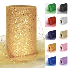 Luceinvita Glitter Tulle Fabric, 6 Inch by 50 Yards (150ft) Sequin Christmas Tulle Roll for Gift Wrapping Tutu Wedding Decoration DIY Crafts Party Backdrop (Antique Gold)