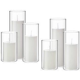 Shihanee Set of 6 Pillar Candles with Glass Cylinder Vases Clear Cylinder Hurricane Candleholders for Slim Tall Pillar Candles Wedding Thanksgiving Day Centerpieces(2.6'' X 4.7'', 5.9'', 7.9'',White)
