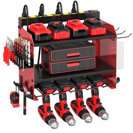 CFMASTER Power Tool Organizer Wall Mount wtih Charging Station,4 Drill Holder Wall Mount with 8 Outlet Power Strip,Heavy Duty Tool Rack with Hooks,Screwdriver Organizer in Garage(Red,3 Layers)