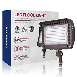 LEONLITE 3CCT 100W LED Flood Light Outdoor, Adjustable Knuckle Mount, 1000W Equivalent, ETL Listed, 100-277V, IP65 Waterproof, 3000K/4000K/5000K Selectable, Commercial Security Lights for Yard Garage