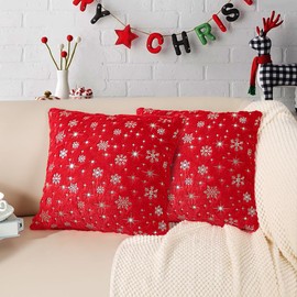 Set of 2 Christmas Throw Pillow Covers Soft Faux Fur Pillow Cases Covers with Silver Snowflake Glitter Winter Festival Decorative Pillowcases for Home Bed Room Sofa Chair Couch Christmas Decor, Red