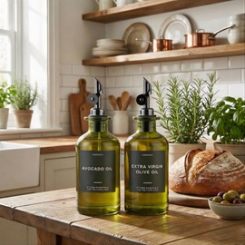 Verspace UV-Protected Green Glass Olive Oil Dispenser Bottles For Kitchen - 2 Pack - 17oz Includes 40 Kitchen Essential Labels, Avocado Oil Dispenser Set, Modern Decor for Home, Airbnb, Cafe