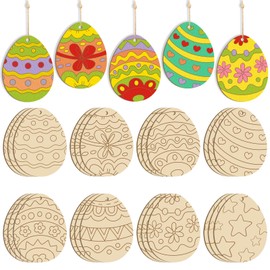 Pack of 24 Wooden Pendants Easter Crafts Children, DIY Unfinished Easter Eggs for Wooden Pendant for Children Easter Eggs
