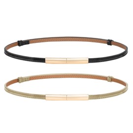 JASGOOD 2 Pack Women Skinny Leather Belt Adjustable Fashion Dress Belt Thin Waist Belts for Ladies Girls,Black+Gold
