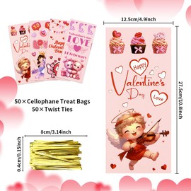 Zellophanbeutel für Valentinstag, rosa Amor, Bär, Herz, Prinzessin, weißes Pferd, Süßigkeiten, Kekstüten, niedliche Plastiktüten für Valentinstag, Hochzeit, Süßigkeitenparty, Geschenktüte, 50 Stück