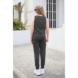 GORLYA Girl's Sleeveless Solid Casual Jumpsuit Rompers Harem Pants Outfits for 4-14T (GOR1070,6-7Y,DarkGray)