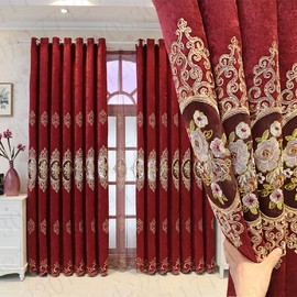 Amidoudou 1 Pair European Luxury Jacquard Hollow Curtains Embroidered Chenille Curtains for Living Room Bedroom (Red,63x96 Inch)