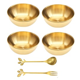 KOOLEVER 4 Gold Bowl,Gold Stainless Steel Dip Bowls,Dipping Bowls Set of 4,Snack Bowls for Nibbles,with 1 Stainless Steel Leaf Spoon and 1 Stainless Steel Leaf Fork,Household Sauce Dish