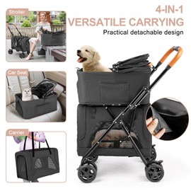 LPOTIUS Double Pet Stroller with Detachable Carrier for Medium Small Dogs and Cats, Lightweight Dog Stroller Travel Carriage with No-Zip Canopy Storage Basket One-Click Folding and One-Foot Brake