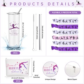 Junkin Set of 3 Gift for Christmas for Gymnastics Women Include Stainless Steel Tumbler with Straw Gymnastics Makeup Bag Gymnastics Elastics Hair Ties for Coaches Female Gymnasts Gymnastic(Purple)
