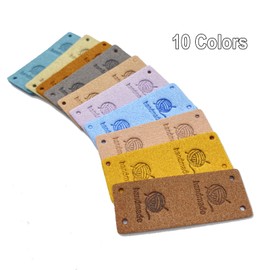 50 Pcs Faux Leather Label Handmade Tag Label Folding Handmade Tags Button with Holes Embossed Tag Embellishment Knit DIY for Jeans Bags Shoes Hat Crafts, Knitting and Crocheting(Yarnball, 10 Colors)