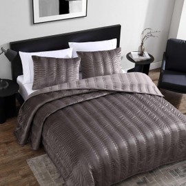 Vera Wang - King Quilt Set, Velvet Bedding with Matching Sham, Modern Home Decor (Velvet Linear Stitch Plum Brown, King)