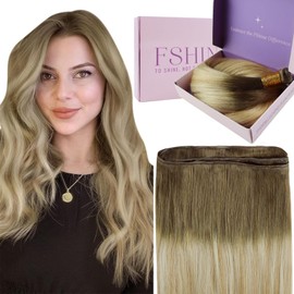 Fshine Genius Weft Hair Extensions Chestnut Brown to Honey Blonde Mix Platinum Blonde Human Hair Extensions Sew in Remy 50g Long 14 Inch