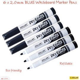 DOLLAR HLB2 Dry Erase Whiteboard Marker Pens, BLACK, Bullet Tip (2.0mm), Pack of 6, Dry Wipe Broad Markers, School Office Business Hospital Everyday Use