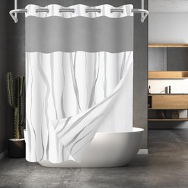 SSCRCUSLY 71x84 Inches White No Hook Grey Striped Shower Curtain with Snap in Liner Set, Modern Hotel Style Fabric Washable Inner Liner, Bathroom Curtains with See Through Mesh Top Window