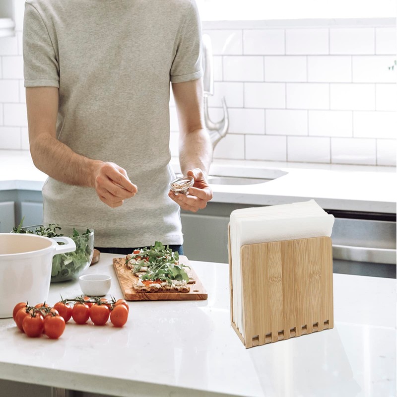 Bamboo Napkin Holder, Adjustable Wood Storage Rack for Dining Room,