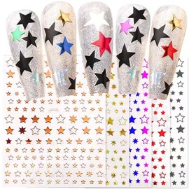 12 Sheet Star Nail Stickers 3D Self-Adhesive Star Nail Decals Holographic Gold Silver Nail Art Supplies Design for Women Girls Acrylic Nails Decorations Salon Accessories