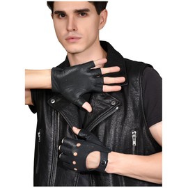 GSG M161078 Men's Fingerless Leather Gloves Unlined Half Finger Leather Driving Gloves Sheepskin, Black (faux leather)