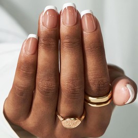 24Pcs White French Tip Press on Nails Short Square Fake Nails with Design Nude Glossy Acrylic Nails Full Cover Glue on Nails Short Coffin False Nails Artificial Nails Stick on Nails for Women Manicure