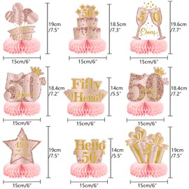 9Pcs 50th Birthday Decorations Pink Rose Gold Honeycomb Centerpieces for Women,Happy 50th Birthday Table Centerpieces Party Supplies,Fifty Year Old Birthday Table Toppers Decor