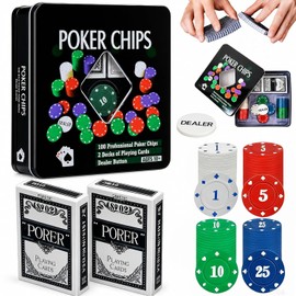 Fichas Poker Profesional, 2 Barajas de Poker y 100 fichas, Fichas de Poker con denominación, Juego de Poker con fichas Caja, Adecuado para familias, Fiestas, Texas Hold'em, Blackjack