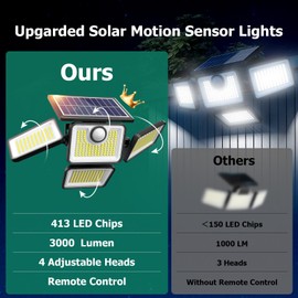 3000LM Solar Lights outdoor, 413 LEDs 4 Adjustable Heads Solar Motion Sensor Lights, 3 Mode, IP65 Waterproof Solar Security Wall Lights, Remote Control Flood Lights, Graden, Outside, Backyard, 2 Pack
