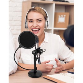 QWORK Desktop Adjustable Microphone Stand with Double Layer Pop Filter, Universal Shock Mount, Metal Screw Adapter - Compatible with Blue Yeti, AT2020, HyperX QuadCast - Streaming and Recording 2 Pack