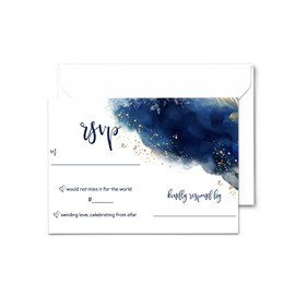 Paper Clever Party Blue RSVP Cards for Wedding Invitations with Envelopes Small Response Card All Occasions, Watercolor Gold Floral, 3.5x5, 25 Set