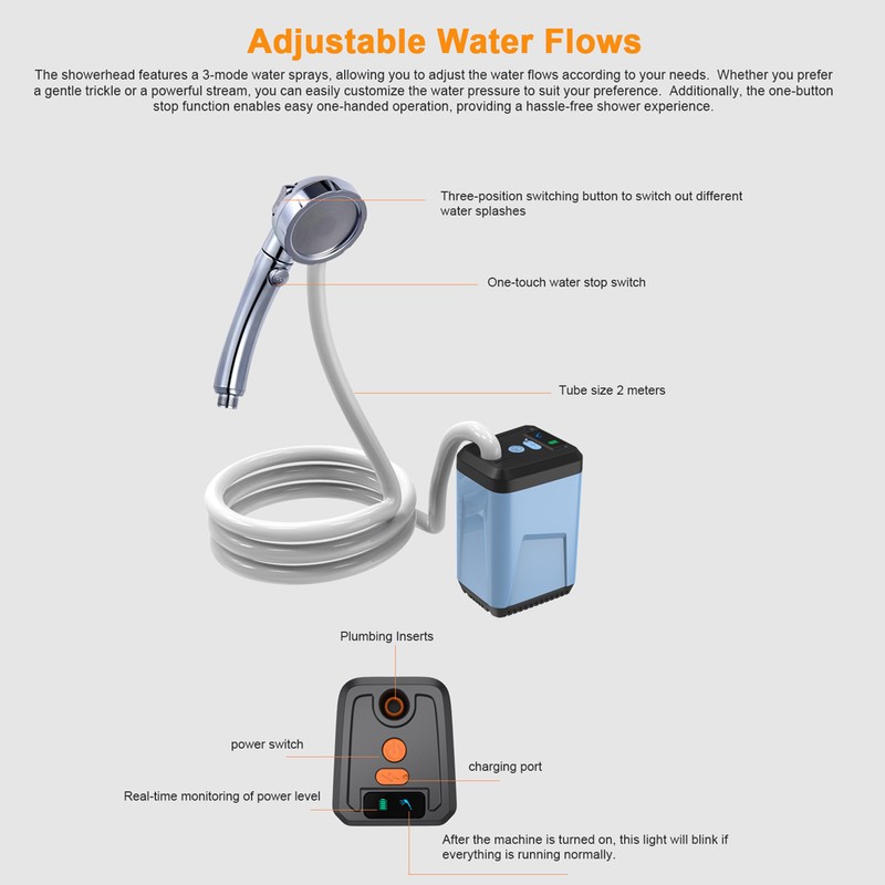 Portable Camping Shower Outdoor Electric Shower Pump Rechargeable Battery Powered