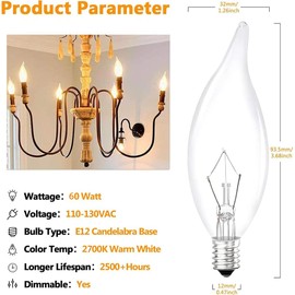 Tiqian 12-Pack Clear B10 CTC E12 Base Decorative Candle Light Bulbs, 60W, 480 Lumens, 2700K Warm White, Dimmable Incandescent Bulbs for Chandeliers and Wall Sconces